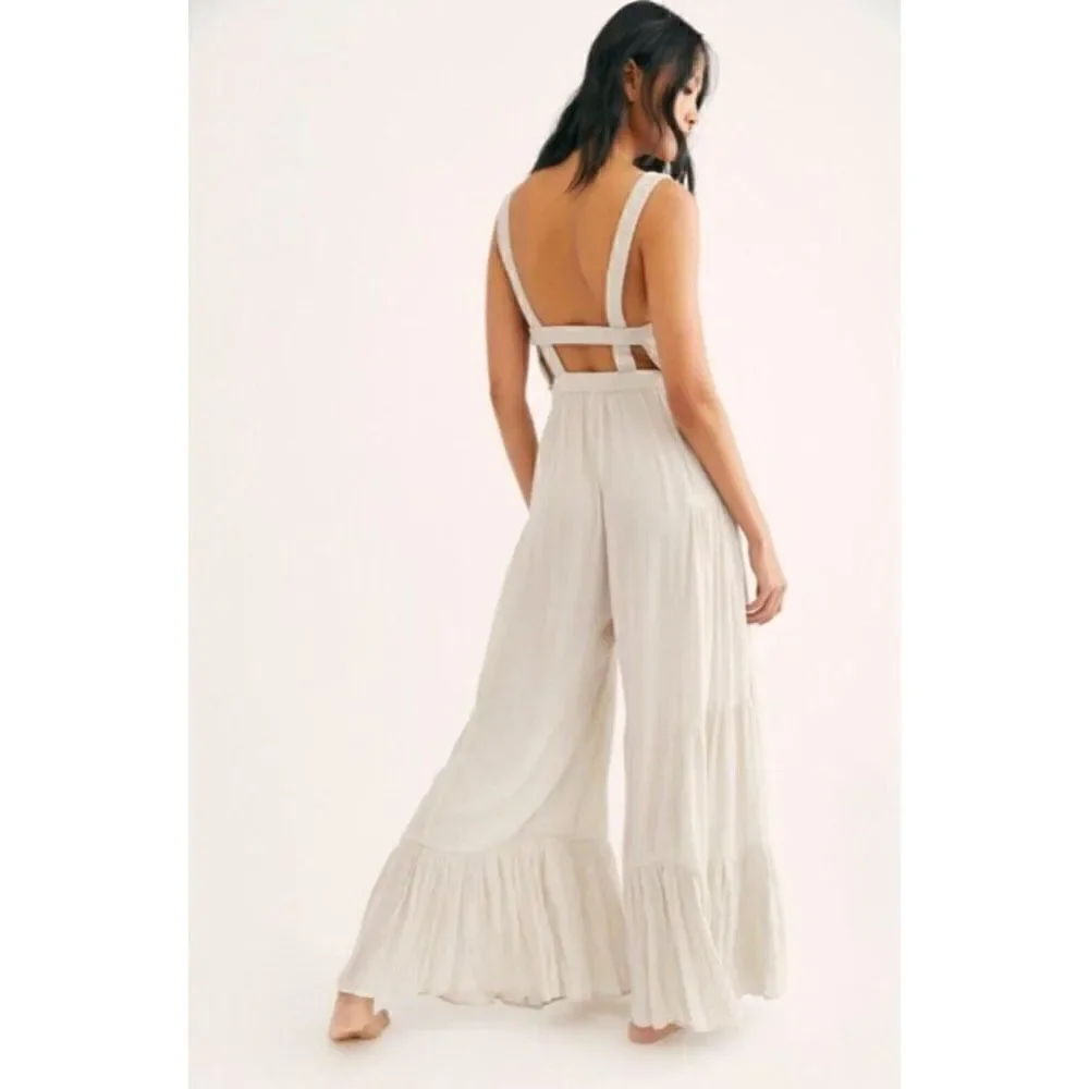 NWT FREE PEOPLE ENDLESS SUMMER Sz L SELFIE WORTHY TIERED JUMPSUIT IN STONE